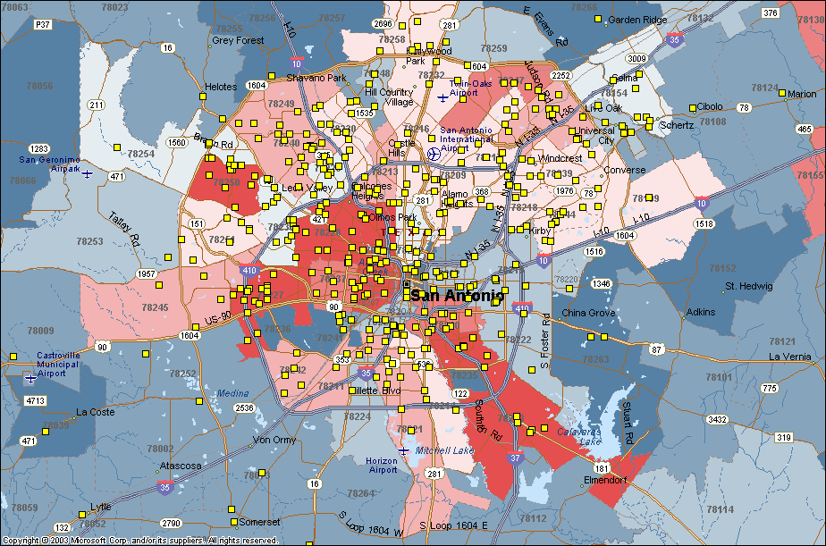 Geographic Snapshot of Day Cares in San Antonio, Tx w/ Pop, Ages 0-12 Overlay